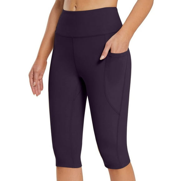 Femmes Été Capri Leggings Taille Haute Ventre Contrôle Yoga Séance d'Entraînement Fitness Motard Capris Pants avec Poches