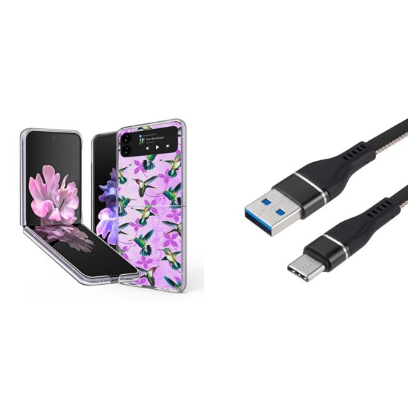 Bemz Premium Bundle for Samsung Galaxy Z Flip 3 5G: Slim Snap-On Protector Case (Lavender Hummingbirds), Nylon Braided USB-C to USB-A Cable (3 Feet)