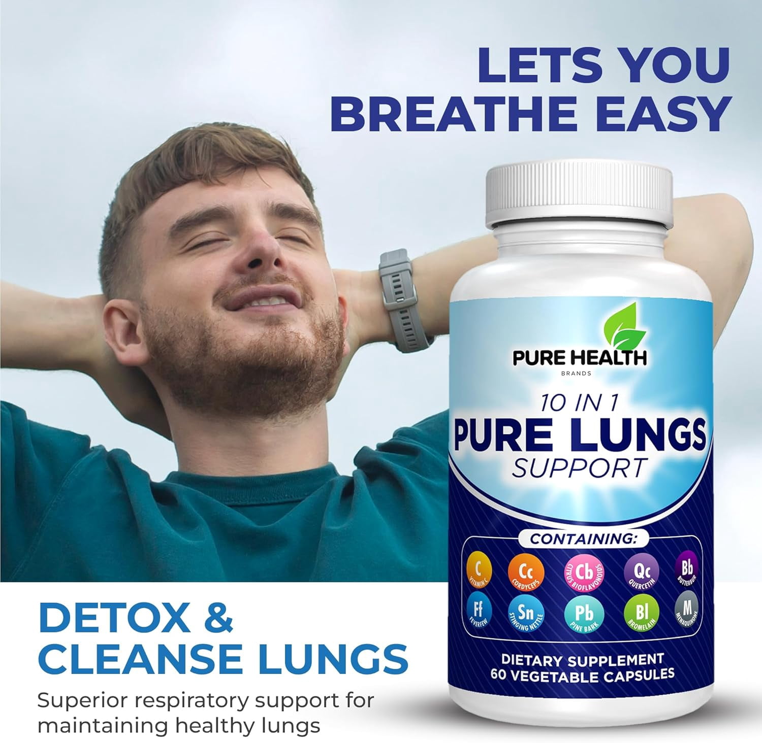 Pure Lungs Support – 10-in-1 Lung Cleanse & Detox Supplement for Smokers & Respiratory Health – with Quercetin, NAC, Cordyceps, Pine Bark, Vitamin C & Butterbur – 60 Capsules