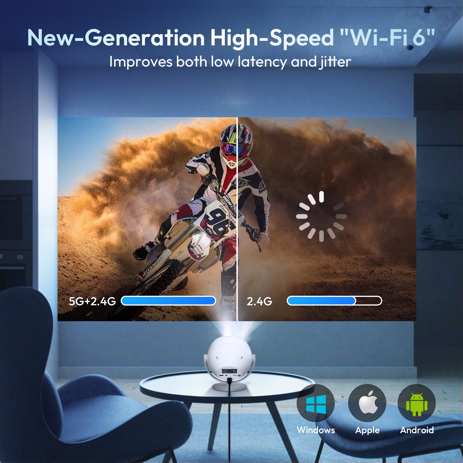 XGODY A2 Wifi & Bluetooth 1080P Mini Projector,40-120" Screen,Dual 3W Speakers,Set with Accessories, White, 1 Set