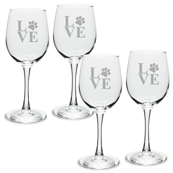 Paw Print LOVE Deep Etched White Wine Glass Set 4