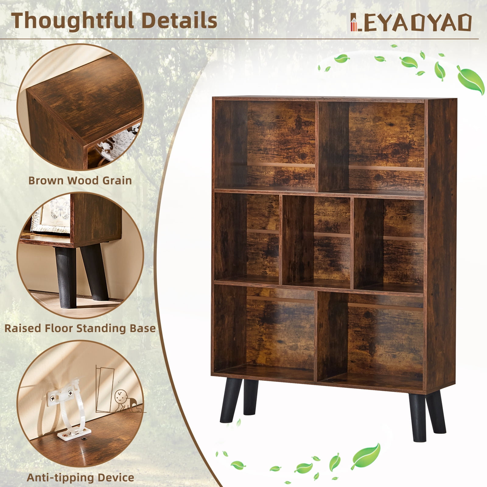 LELELINKY 7 Cube 3-Tier Open Wooden Bookshelf, Toy Shelves Bookshelves,Wood Display Bookcases, Brown