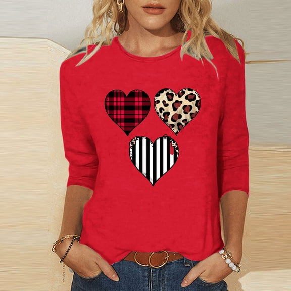 Jsaierl Women's Valentines Day Shirts Sweet Love Heart Graphic Tees Trendy 3/4 Sleeve Blouse Crewneck Dressy Casual T-shirt Tops Valentines Day Gifts