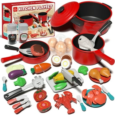 Play Food 34 Pcs, Kitchen Set for Kids, Kitchen Toys, Pretend Play Kitchen Accessories, Cutting Toy Food with Pans, Pot and Utensils, Preschool Learning Education Toddler Toys, Gifts for Girls Boys