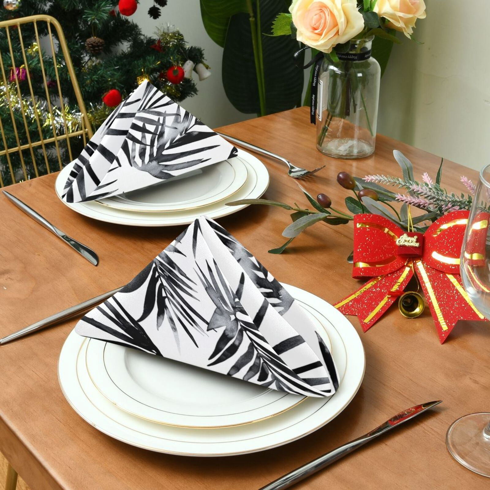 JSTEL Black Palm Leaf Watercolour Cloth Napkins Set of 6, 20x20 Inch Washable and Reusable Napkin for Decoupage Dinner Party Everyday Use