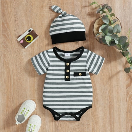 

uikmnh Baby Boys Girls Short Sleeve Striped Printed Romper Bodysuit Hat Set Grey 12M
