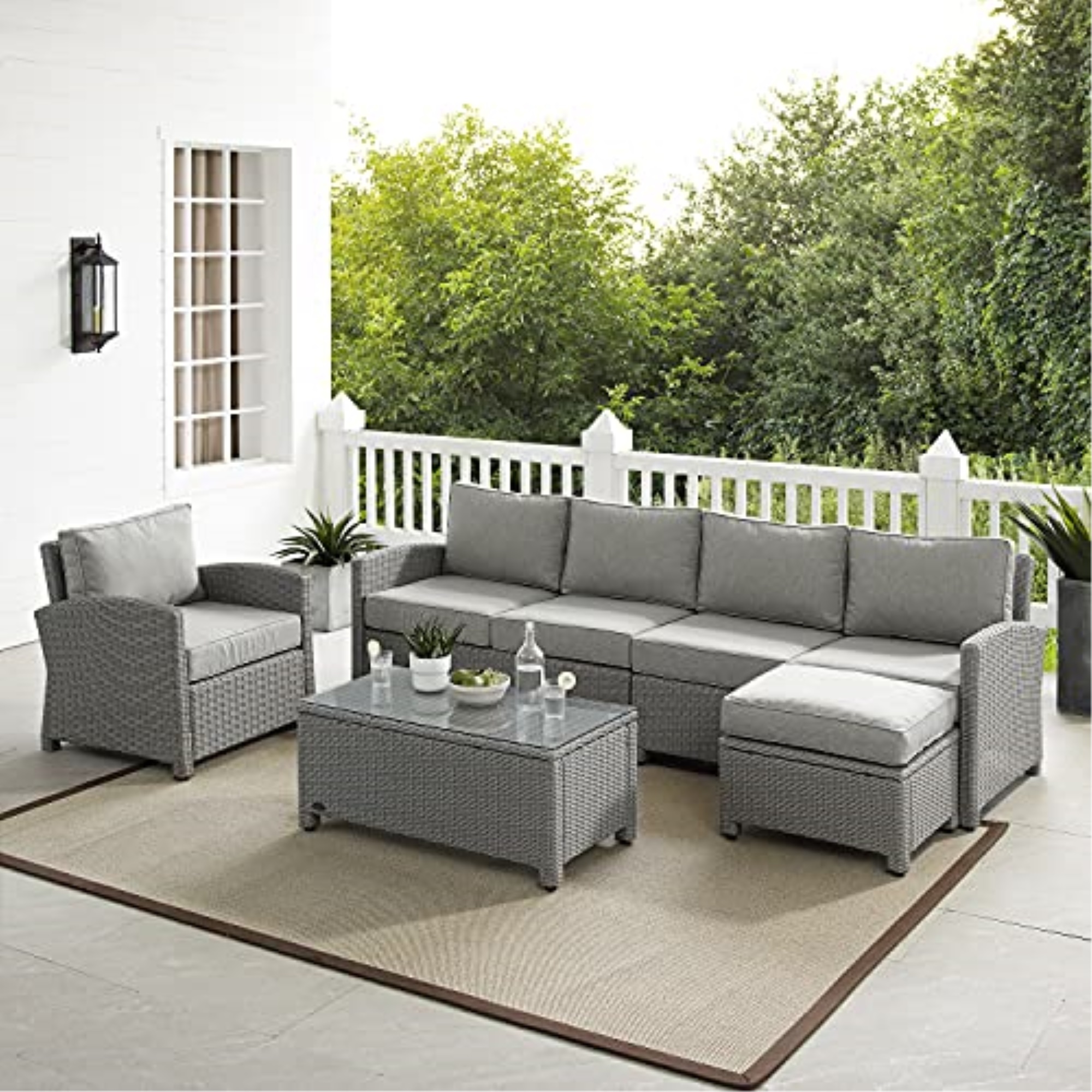 Crosley Furniture Bradenton 5 Pc Outdoor Patio Sectional Set, Gray Resin Wicker with Cushions