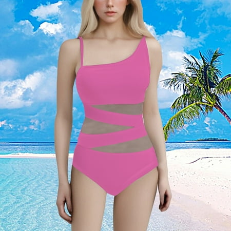 Rigardu Hot Sale!! Women s One Piece Swimsuit Slimming Tummy Control Color Block One Shoulder Mesh Bathing Suit Womens Tummy Swimsuit V Neck Bathing Suits Slimming Ruffle Swimwear Pink S