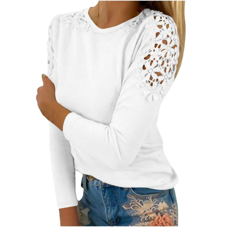 WHLBF Women Long Sleeve Clearance Women Casual Solid Round-Neck Lace Hollow  Out Long Sleeve Pullover Slimming Blouse T-shirt Tops Flash Picks White  8(L) 