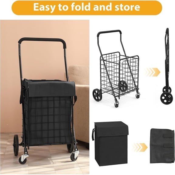 Foldable Shopping Cart with Waterproof Basket Liner & 360° Swivel Wheels | Collapsible, Lightweight & 66lb Capacity | Perfect for Groceries, Laundry, Utility for Seniors, Apartments