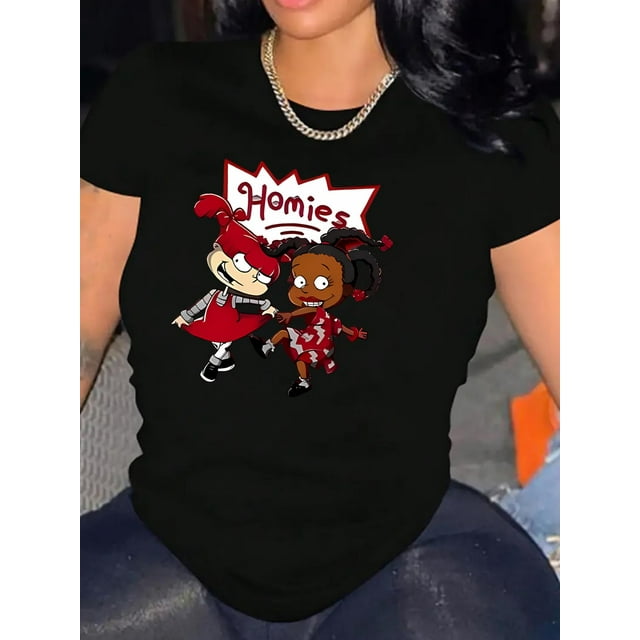 Chic Dancing Girls Print Tee for Women - Casual Crew Neck Short Sleeve, Stretchy Polyester Blend, Machine Washable - Perfect Summer Top