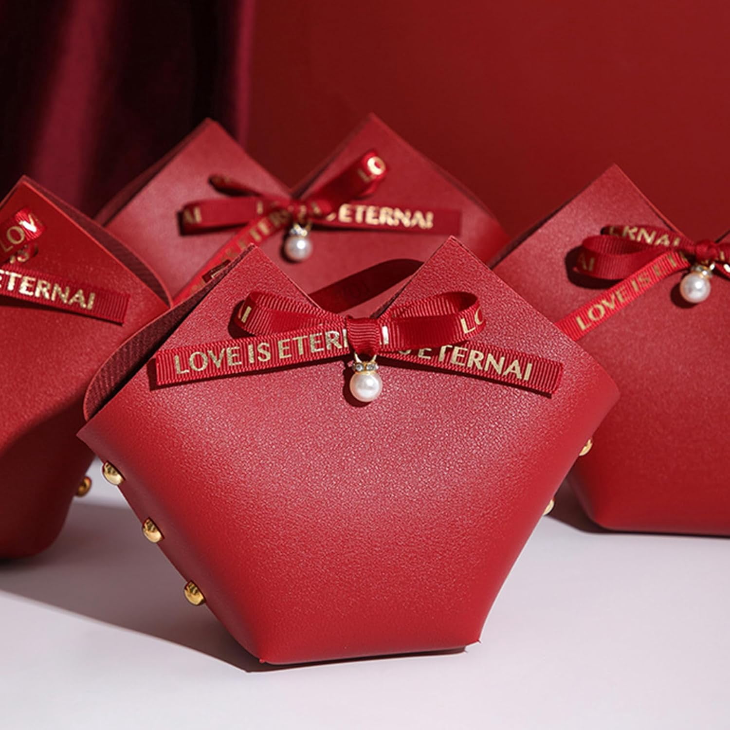 qczoyp 10 Pack Leather Bowknot Gift Boxes: Party Favor Bag Candy Gift Party Favor Boxes, Mini Gift Bags with Handles, Reusable Gift Bag for Baby Showers Wedding Christmas Party Valentines's Day (Red)