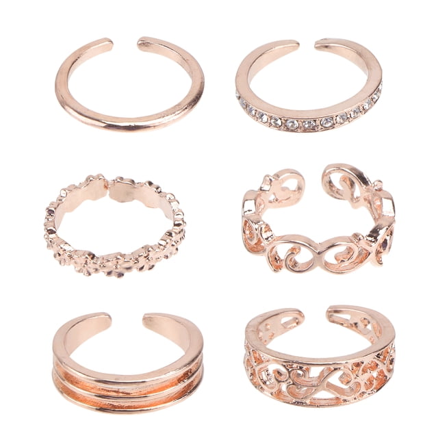 MasteelfCA 1 Set/6PCS Delicate Ring Decor Rhinestone Inlaid Hollow-out Ring Toe Ring