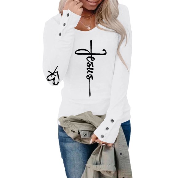 COKOI Tshirts For Women Long Sleeve,Round Sleeve Vertical Cross Casual Graphic Shirt,（Jasus Has My Back）（White M