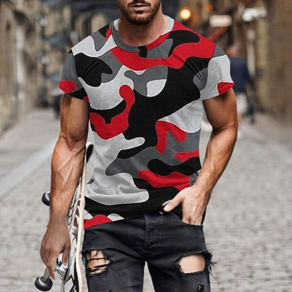 NaWent Men's T Shirts Casual Camo Printed Lightweight Quick Dry Plus Size Crewneck Short Sleeve Military Hunting Tees Red 10(XL)