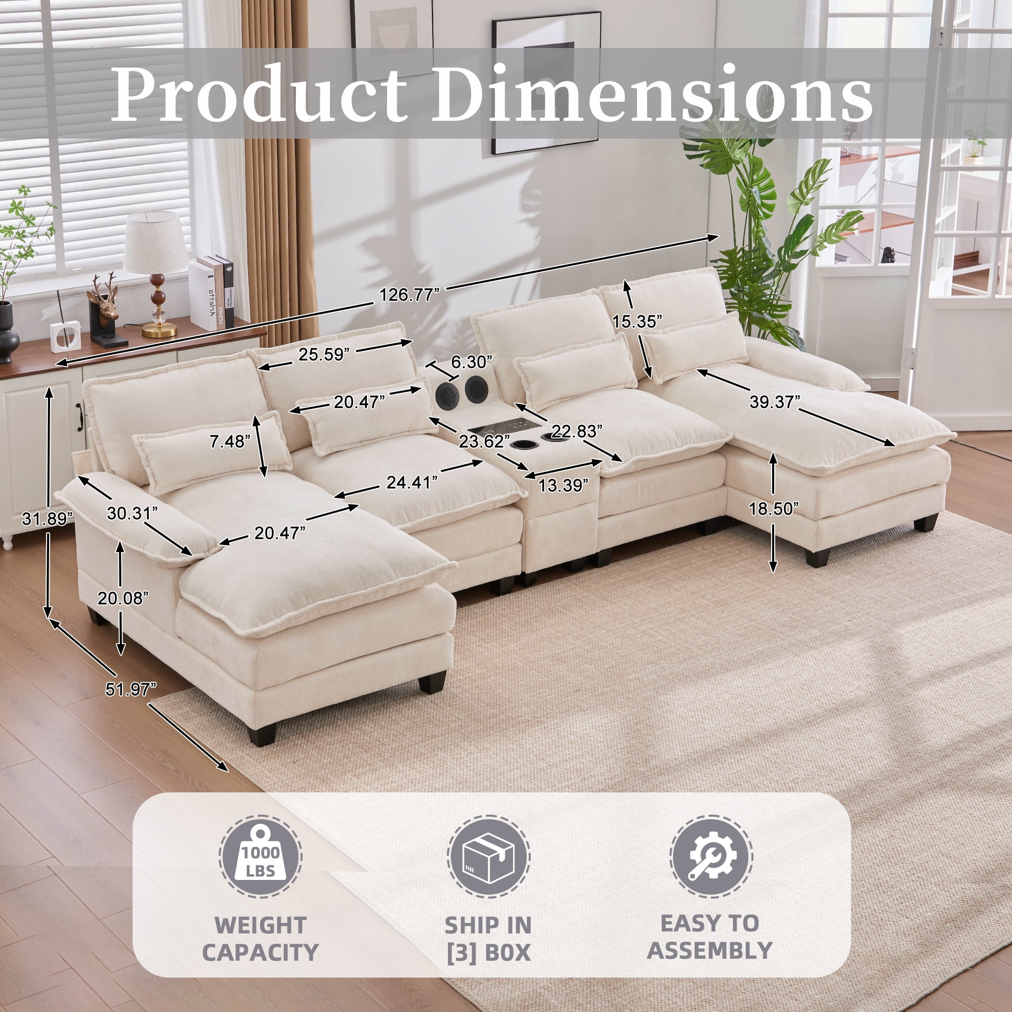 Villeston 126.77" U-Shaped Cloud Sofa With Chaise Lounge, Chenille Sofa With Wireless Charging, Bluetooth Speaker, Two Cup Holders, Storage Drawer, Suitable For Living Room,Beige