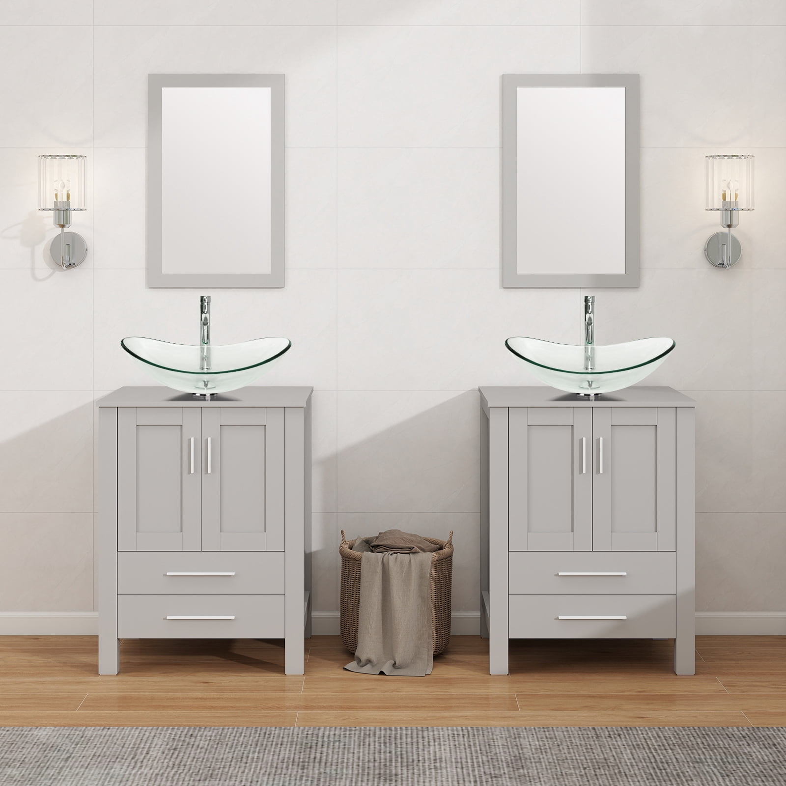 ELECWISH 24-Inch Bathroom Vanity in Gray with Mirror and Vessel Sink Set, Modern Stand Pedestal Cabinet with Clear Glass Sink Set