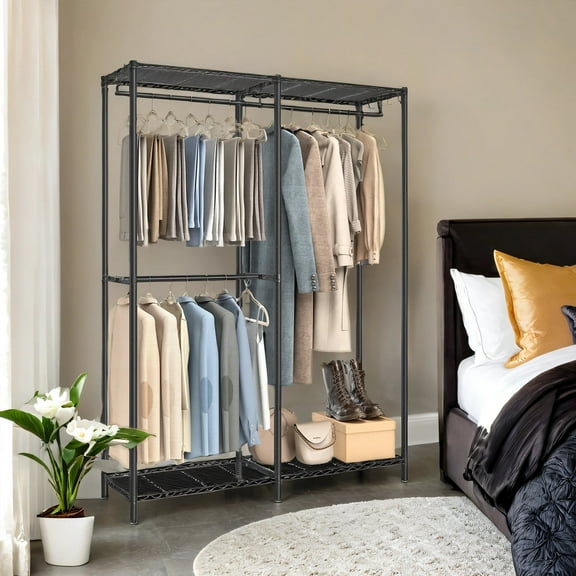 LEDREM Freestanding Clothes Rack , Metal Heavy-Duty Garment Rack/Wardrobe Closet with 3 Hanging Rods , 4 Shelves , Adjustable/Removable Parts , Tool-Free Assembly for Home Storage ,Ink Black