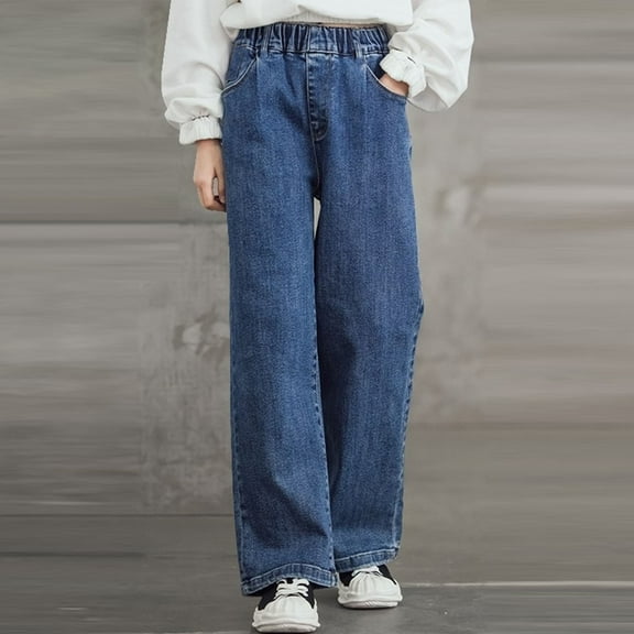lmcalzta Kids Jeans Girls Boys Child Denim Pants Stright Leg Elastic Waist Stretch Casual Jeans 5-15 Years
