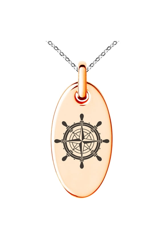 Stainless Steel Nautical Ship Helm Wheel Compass Engraved Small Oval Charm Pendant Necklace