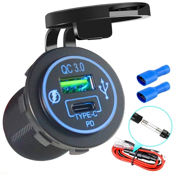 Quyaojz 12V USB Quick Charge 3.0 Port & PD USB C Car Charger Socket, 12V USB Outlet with Wire for Car Marine Boat Motorcycle RV Truck