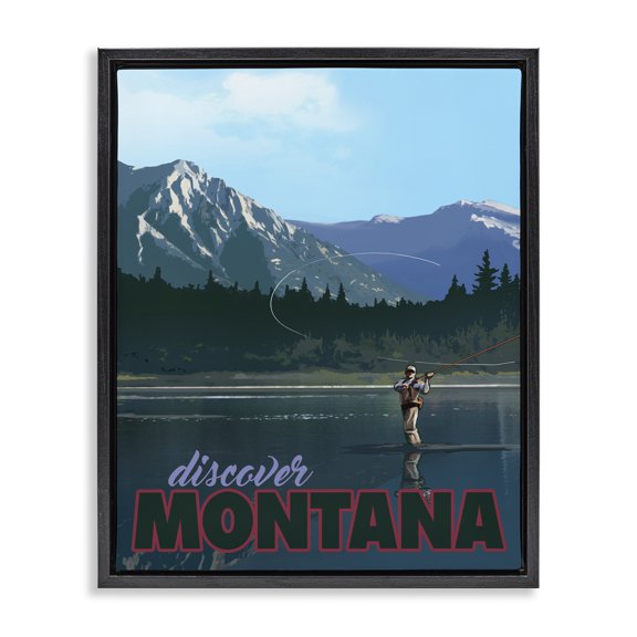 Stupell Industries Traditional Discover Montana Lake Fishing Scene Black Floating Frame Canvas Art, 17 x 21, by David Owens Illustration