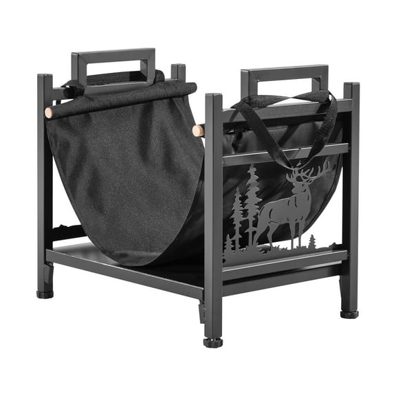 KFFKFF Indoor Firewood Rack, 1.5 ft Curved Log Holder with Canvas Carrier, 40lb Capacity Wood Storage Stand, Powder-Coated Steel Log Holder, Durable Wood Pile Organizer for Fireplace