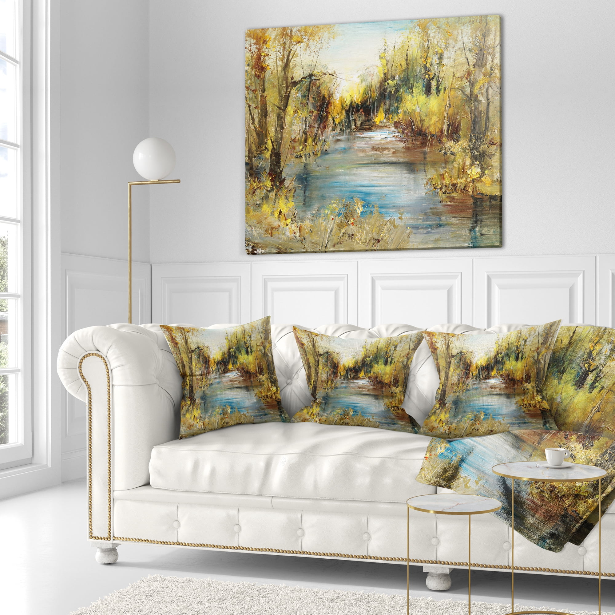 Designart Lake in Forest Oil Painting - Landscape Painting Throw Pillow - 18x18