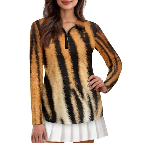 Uorisanigo Tiger Pattern Womens Long Sleeve Golf Shirt Size XS Fashionable Quarter Zip Quick Dry Athletic Polo Shirts for Tennis Hiking & Outdoor Sports