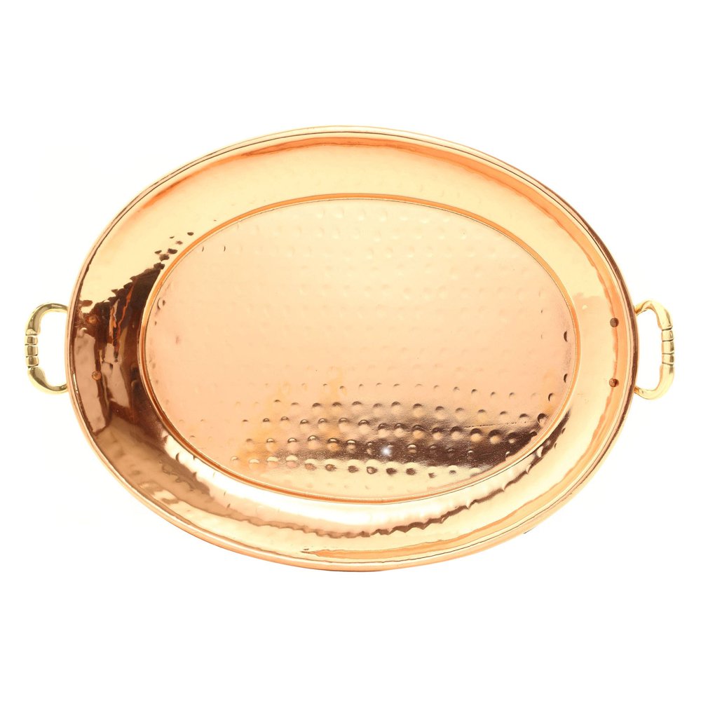 Hammered Décor Copper Oval Tray with Cast Brass Handles