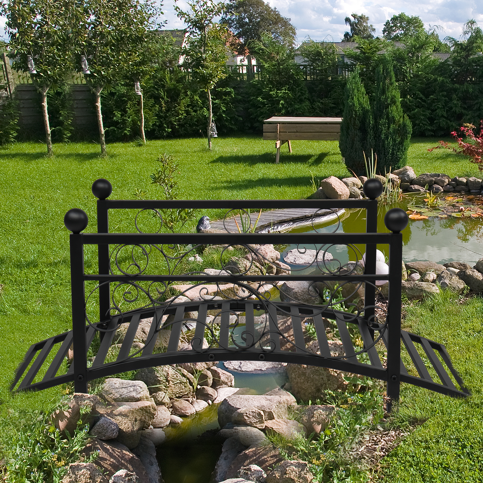 Garden With Round Iron Ball Flat Top Handrail Garden Iron Bridge Black