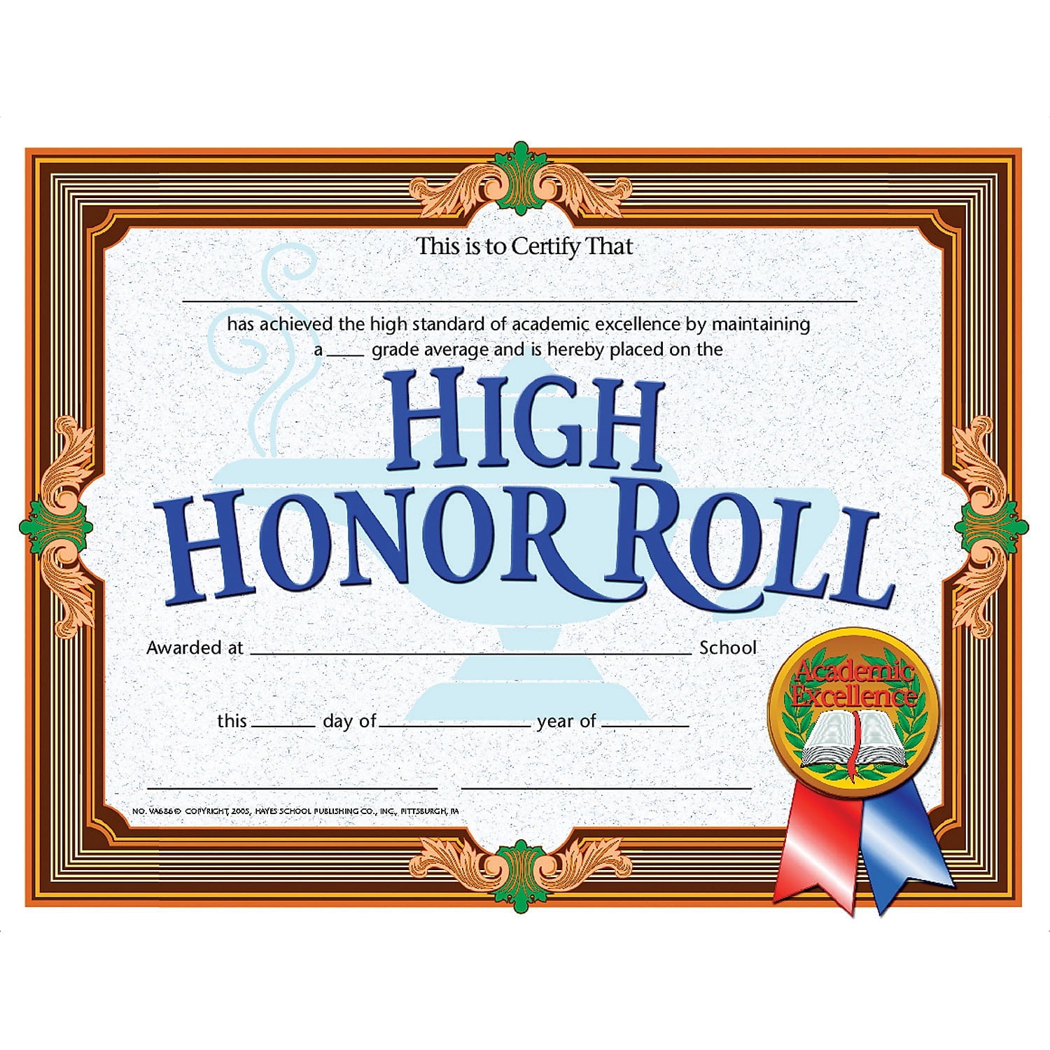 Hayes High Honor Roll Certificate 8.5'' x 11'' Pack of 30 (H-VA686)