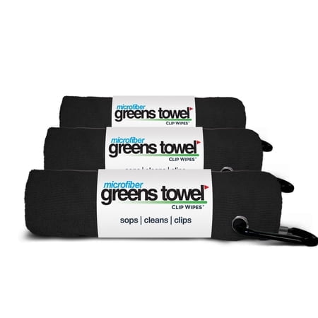 Greens Ensemble de 3 Serviettes de Golf Noires pour Sacs de Golf avec Clip, Tissu en Microfibre Peluche, 16X16, l'Original (Noir Jet)