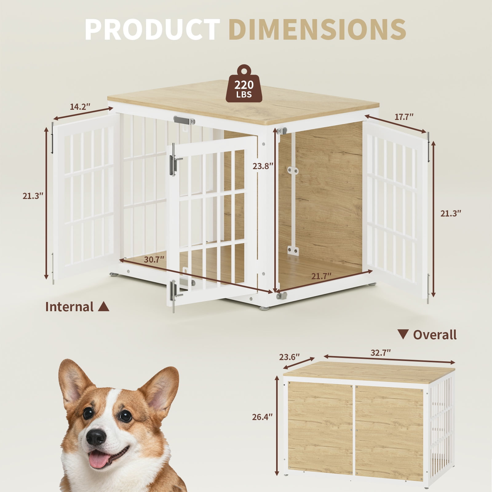 33'' Heavy Duty Dog Crate Furniture with 3 Doors,Wooden Side End Table Indoor Combination Dog Cage For Small to Medium Dog Extra-Large