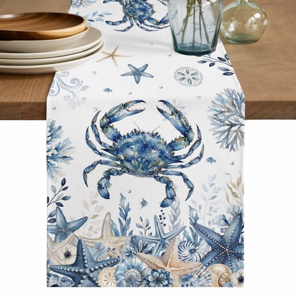Blue Crab Coastal Table Runner 72 Inches, Beach Starfish Nautical Coral Shell Bed Runner Dresser Scarves Tabletop for Indoor Outdoor Parties/Ceremony/Banquet, 18" x 72"