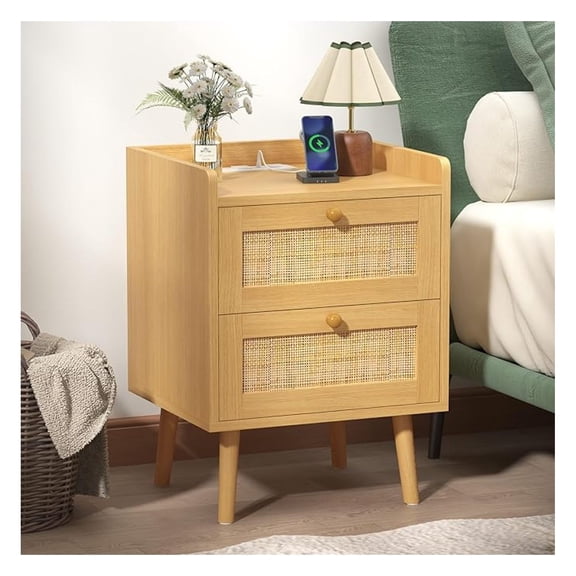 Rattan Nightstand with Charging Station,Wooden Bed Side Table with Solid Wood Legs, Farmhouse Night Stand with Drawers,Boho End Table for Bedroom, Living Room, Sofa, Small Space