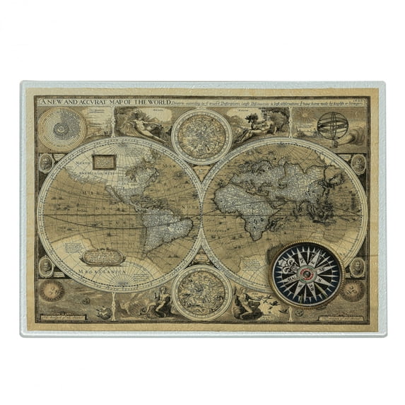 Wanderlust Cutting Board, Old Map 1626 a New and Accurate Map of World Historical Manuscript, Decorative Tempered Glass Cutting and Serving Board, Small Size, Pale Brown Black Brown, by Ambesonne
