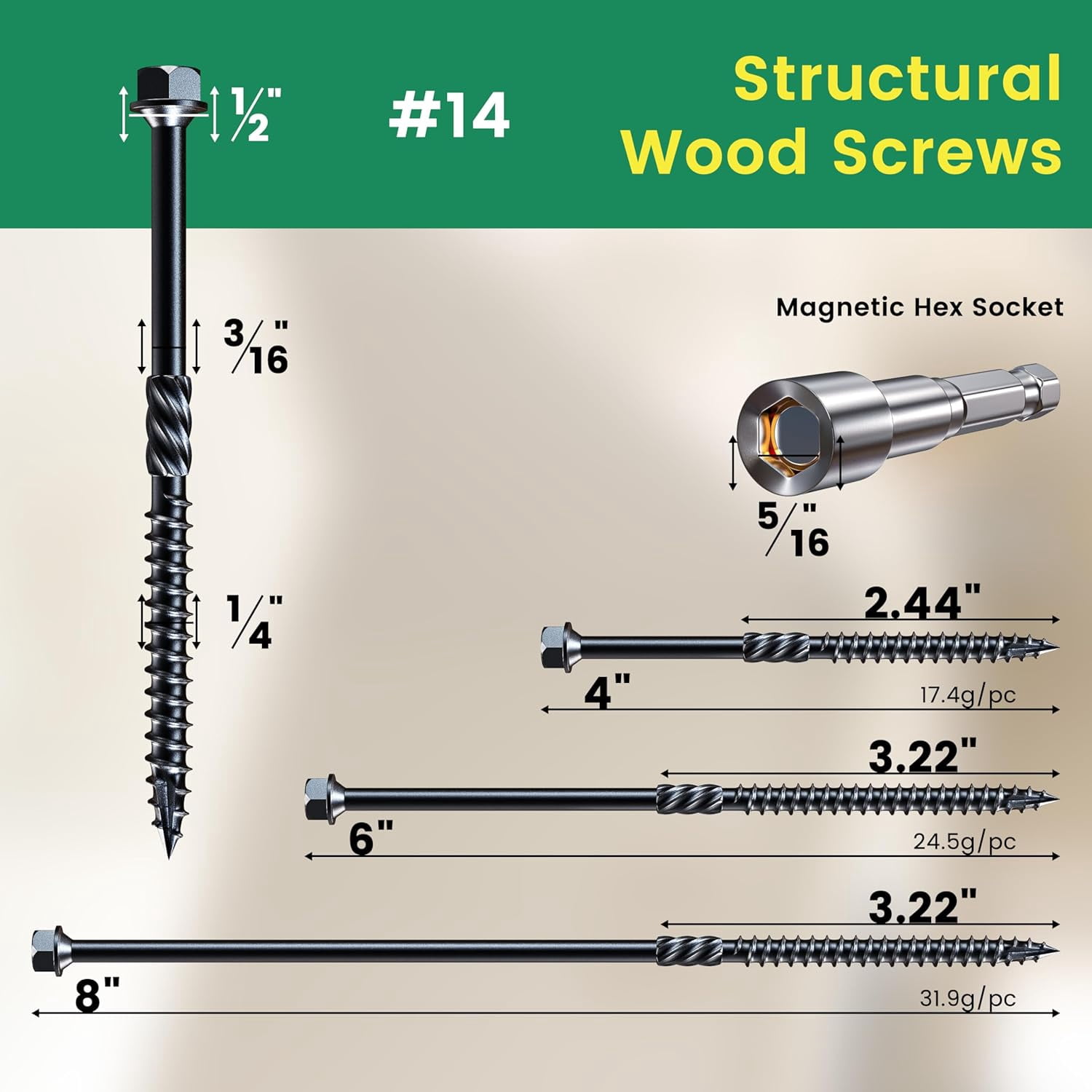 14 x 4 Wood Structural Screws 50 Pcs, Exterior Hex-Head Lag Screws, Black Heavy Duty Construction Timber Log Landscaping Wood Screws, 5/16 Hex Socket Included