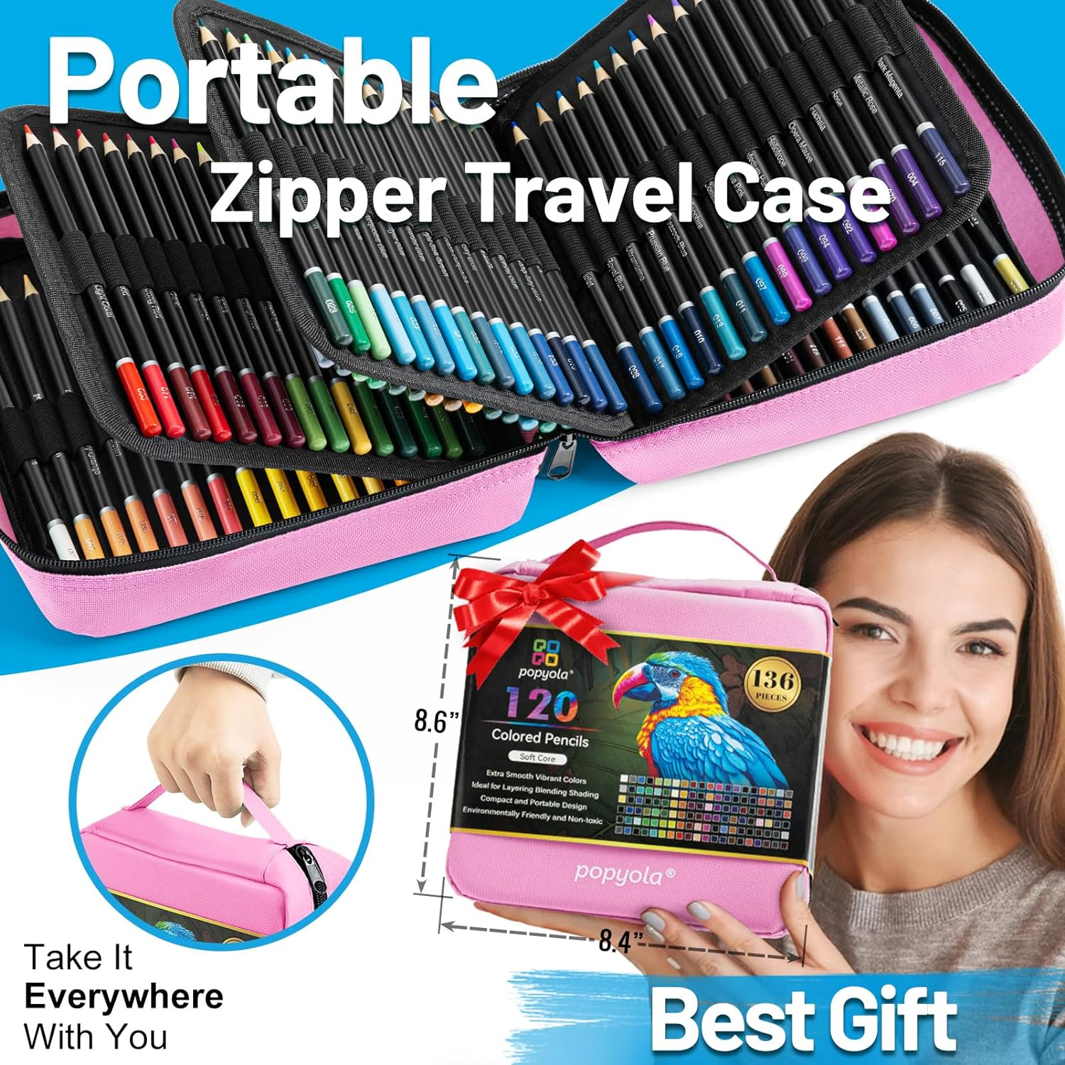 136 Pack Colored Pencils Set with Portable Gift Case, Art Supplies 120 Colored Pencils, 3-Color Sketch Book, Coloring Book, Sketchbook, Sharpener, Professional Drawing Pencils for Adults Kids(Pink)