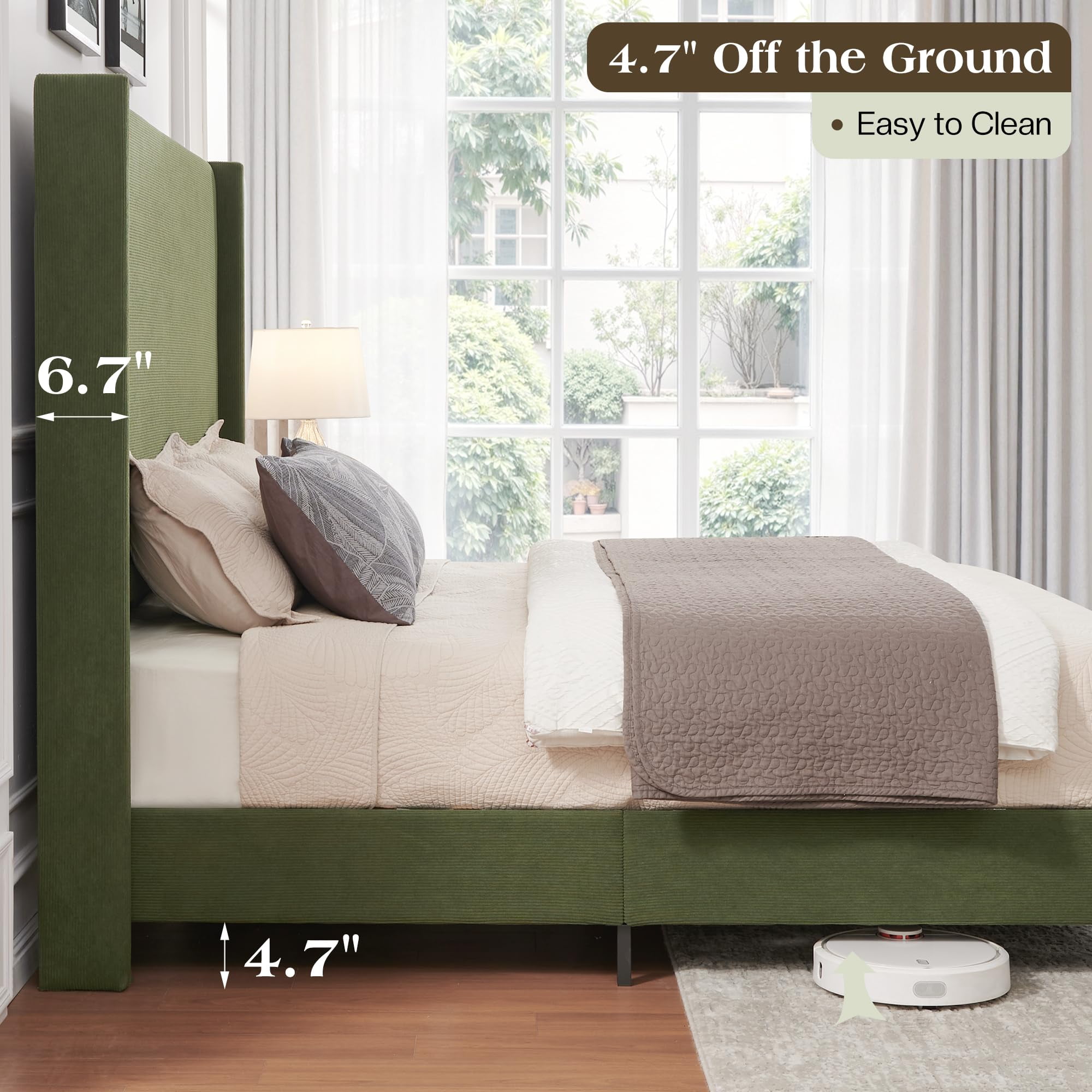 VanAcc Queen Bed Frame with 63" Tall Headboard, Horizontal Fine Corduroy Bed Frame with Upholstered Wingback, Vintage Solid Wood Gourd Legs, Green