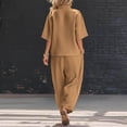 thumbnail image 5 of Linen 2 Piece Outfits for Women Linen Shirt and Shorts Co Ord Sets Button Drawstring Waist Loose Shorts Ladies Tracksuit Summer Beach Vacation Travel Clothes Khaki XXXL, 5 of 7