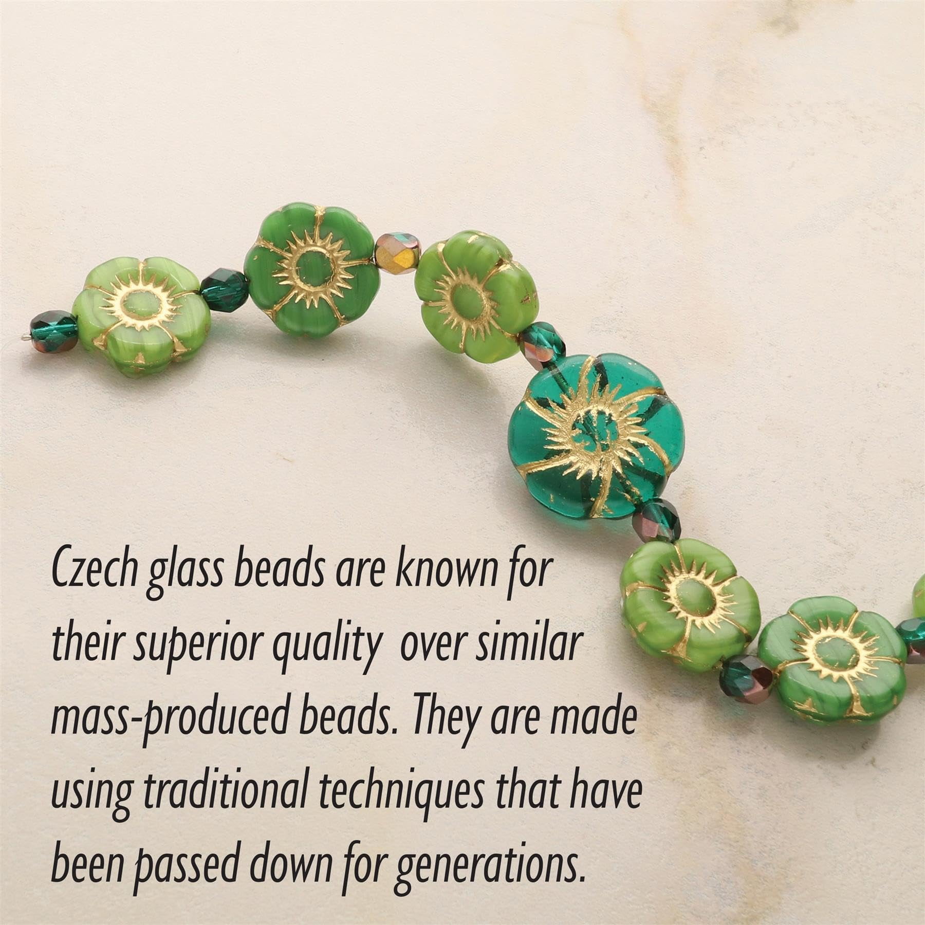 The Beadsmith Czech Glass Strands - High Quality, Pressed & Table Cut Beads - 6 x 7-Inch Strands, 15 Beads Per Strand – Green Hibiscus Mix – For Jewelry Making, Decorations & DIY Crafts