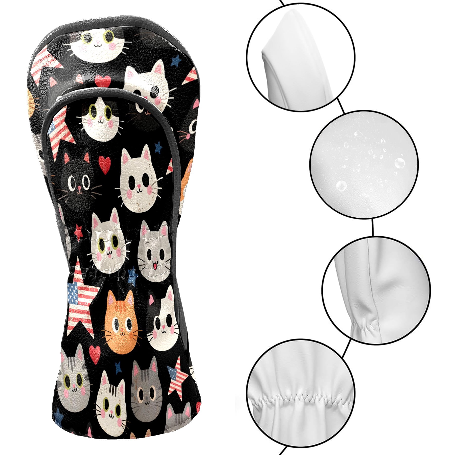 Golf Club Covers, Black Cartoon Cat Premium PU Leather Driver Hybrid Putter Head Covers with Velvet Lining, Waterproof Golf Gifts for Men Women