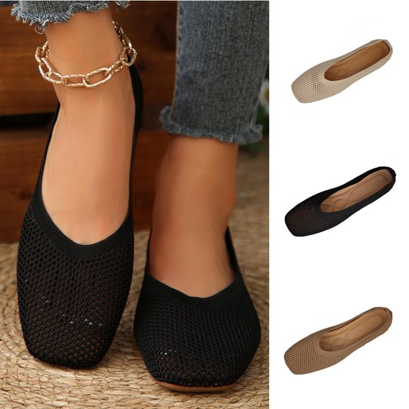 Miluxas Women's Breathable Mesh Ballet Flats, Square Toe Knit Slip-On Shoes, Lightweight Mesh Flats for office,Travel Khaki 9.5(43)