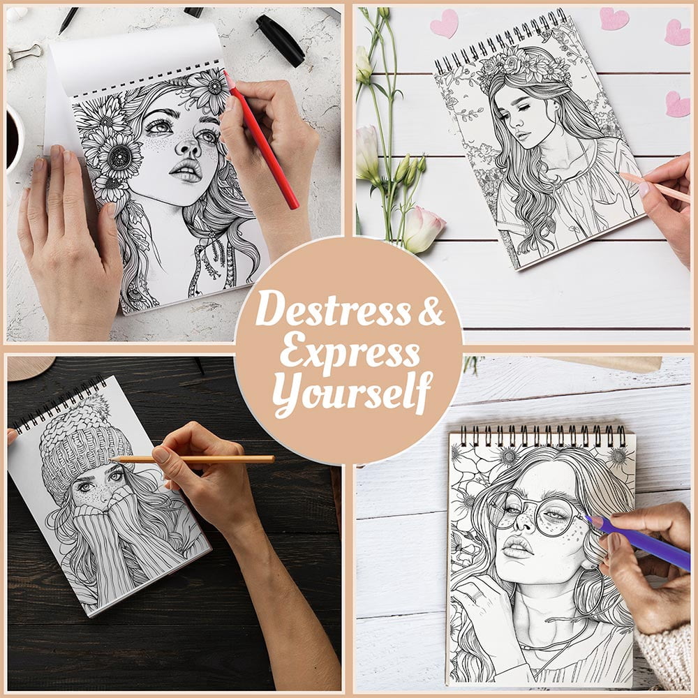 Netecom Modern Girl Coloring Book for Women, A5 Wooden Cover, 30 Portrait Coloring Pages of Contemporary Girls for Stress Relief and Relaxation, Spiral Bound Edition