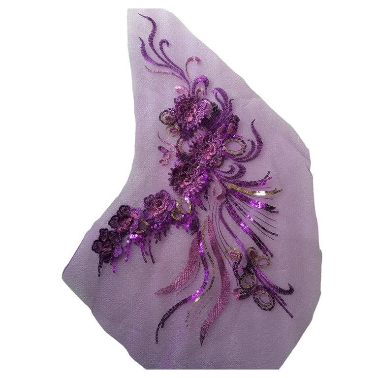 3D Floral Bouquet Embroidered Applique on Black Fabric - Shine Trim