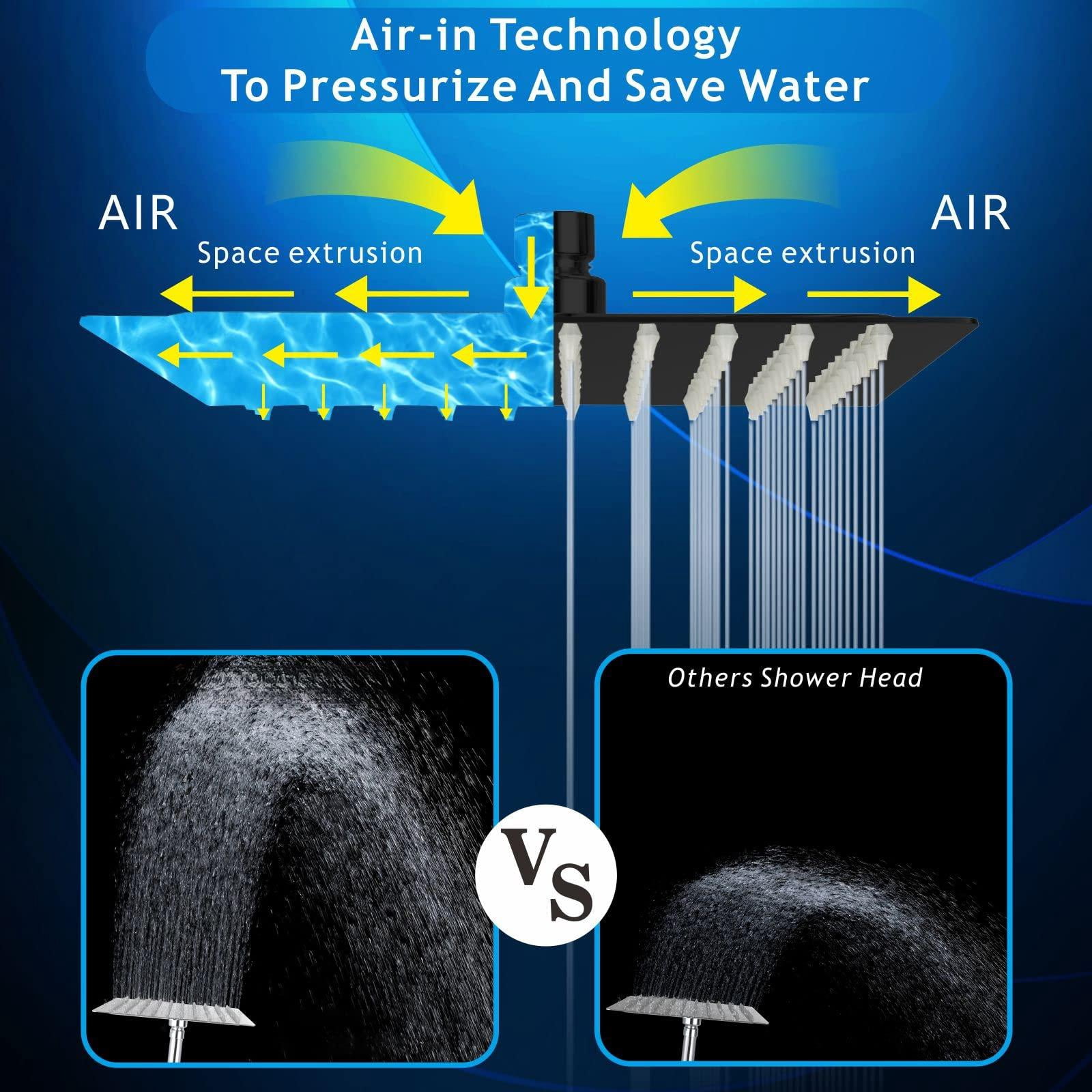 Rain Shower Head - High Flow Large Rainfall Heads Made Of Stainless Steel Waterfall Bathroom Square Showerhead Ceiling Or Wall Mount (12" Black)