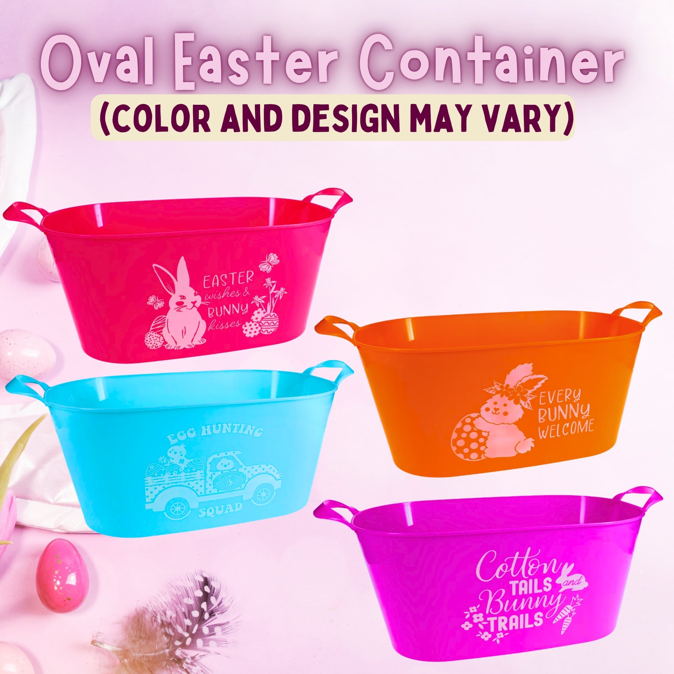 (4) Easter Printed Basket Set with Handles, 15.82x6.57 in. Plastic Spring-Themed Buckets Party Favors Treats Egg Hunts Container Holiday Baskets Decorative Box Gift Home Organizer Color May Vary
