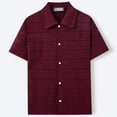 thumbnail image 4 of YLSDY Men's Crochet Lace Camp Collar Shirt, Intricate Floral Border Pattern, Short Sleeve Button-Down Beach Top Wine L, 4 of 6