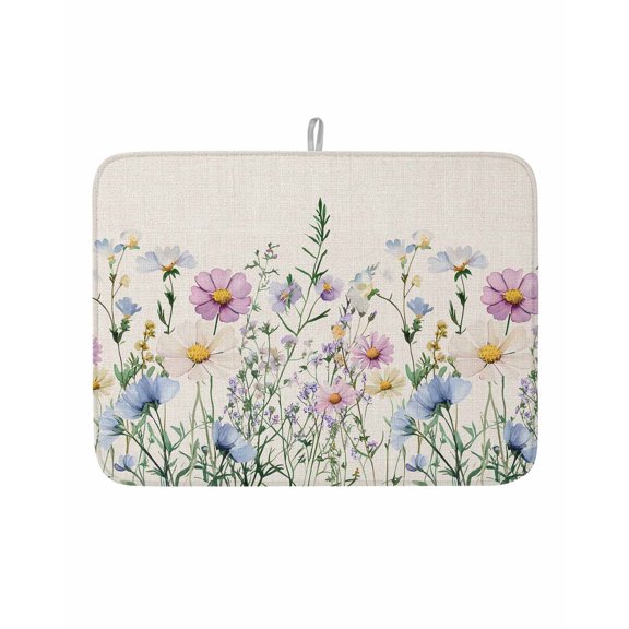 Color Floral Dish Drying Mat 18x24 inch Watercolor Wildflowers Leaf Herbs Linen Texture Super Absorbent Microfiber Dish Drying Pad for Kitchen Countertops Sink Dish Drainer Racks Bar Mats 1 Pack